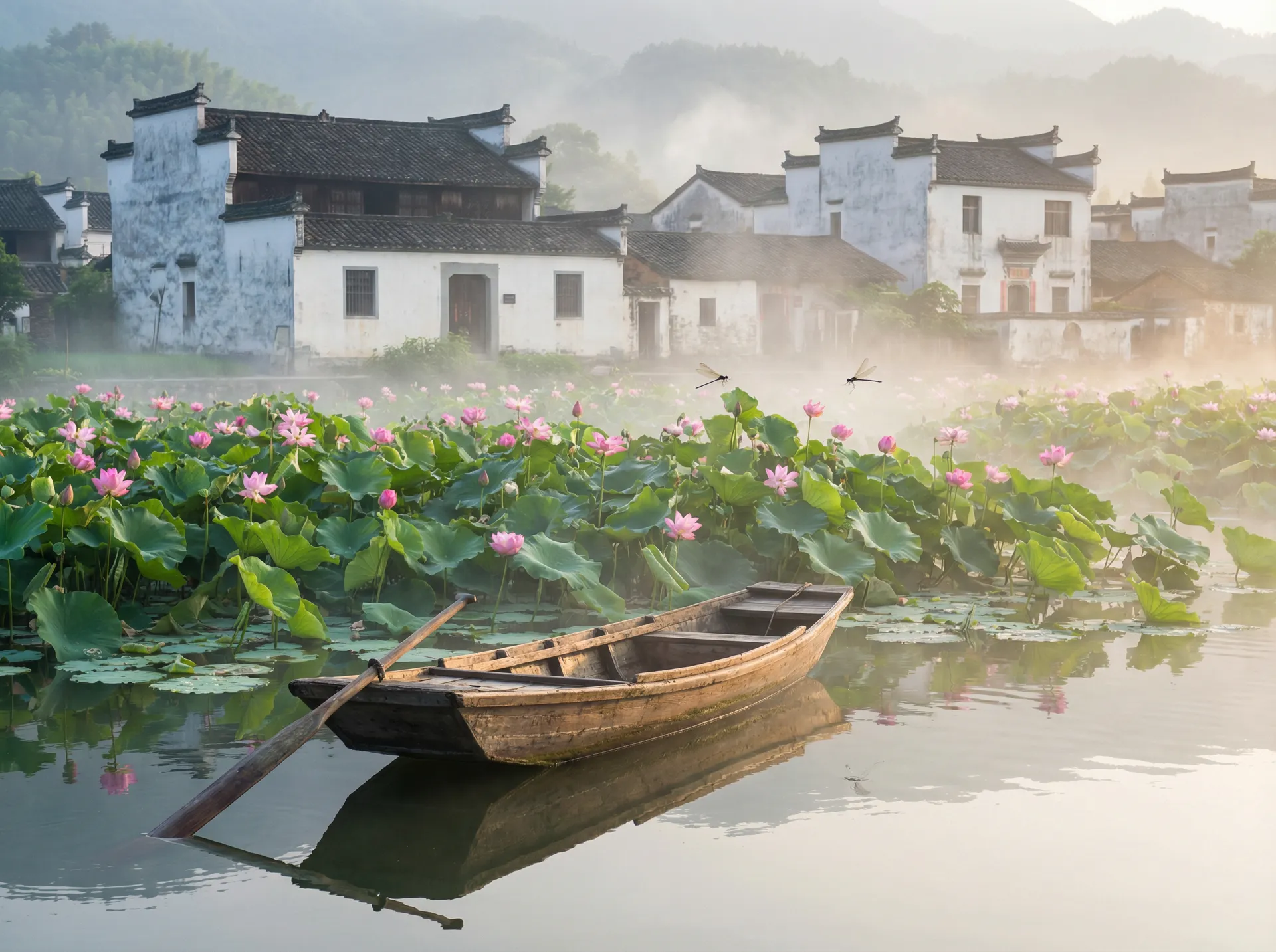 清晨荷塘小舟，粉色荷花盛开，白墙黑瓦的村庄 - 最近的2019中文字幕国语版 小说 水乡风情